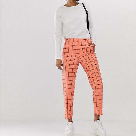 ASOS Design orange ultimate fluro check slim cigarette ankle length pants Sz 4 - Picture 2 of 8